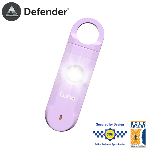 Defender Luna 125dB personal alarm with LED strobe and carabiner clip, suitable for kids and outdoor users in the UK