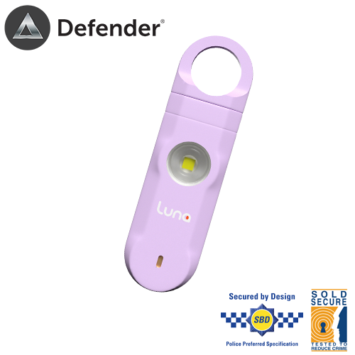 Defender Luna 125dB personal alarm with LED strobe and carabiner clip, suitable for kids and outdoor users in the UK