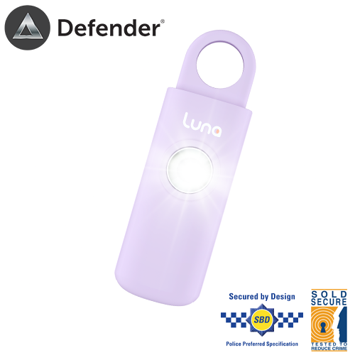Defender Luna Personal Attack Alarm features a loud 125dB siren and LED strobe which includes a carabiner clip. Deters attackers and draws attention.