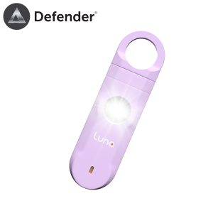 Defender Luna 125dB personal alarm with LED strobe and carabiner clip, suitable for kids and outdoor users in the UK