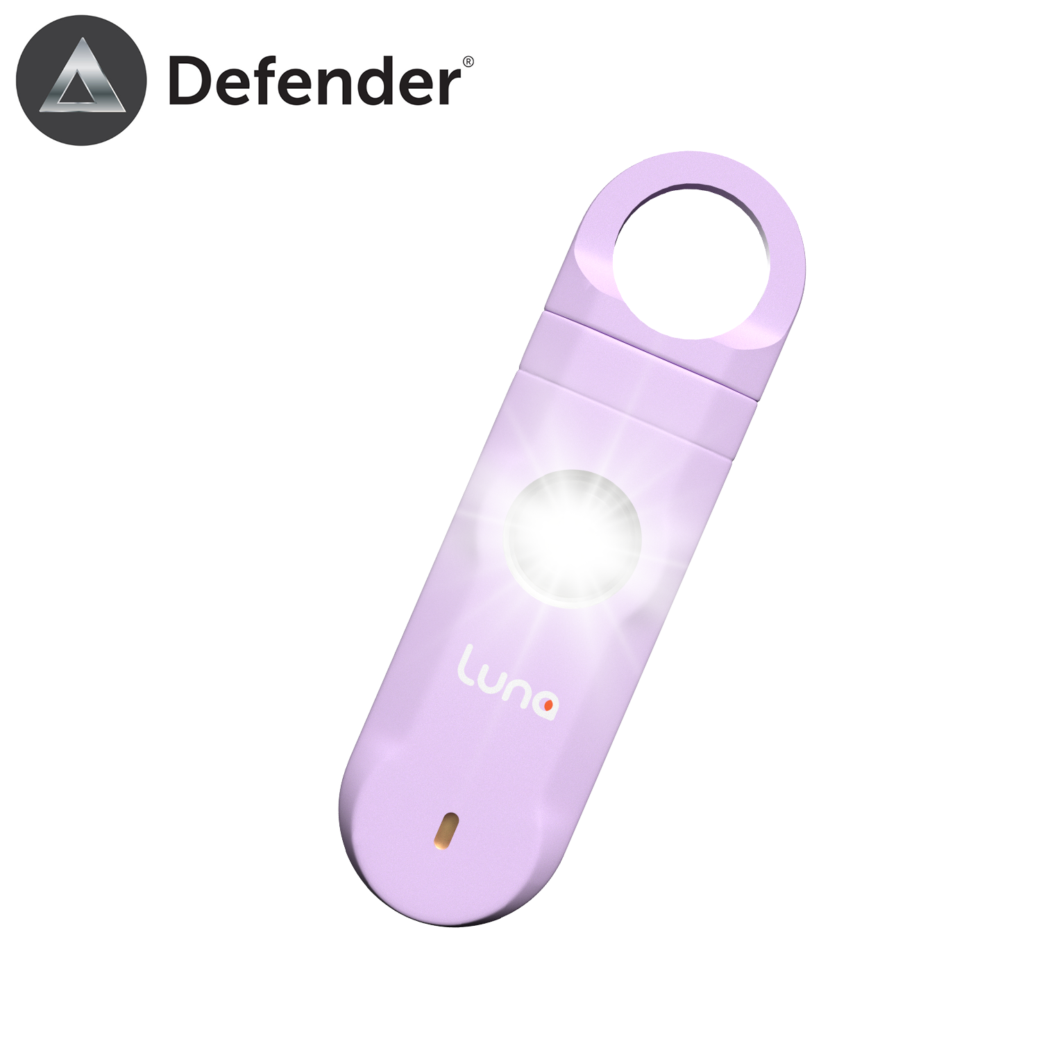 Defender Luna 125dB personal alarm with LED strobe and carabiner clip, suitable for kids and outdoor users in the UK