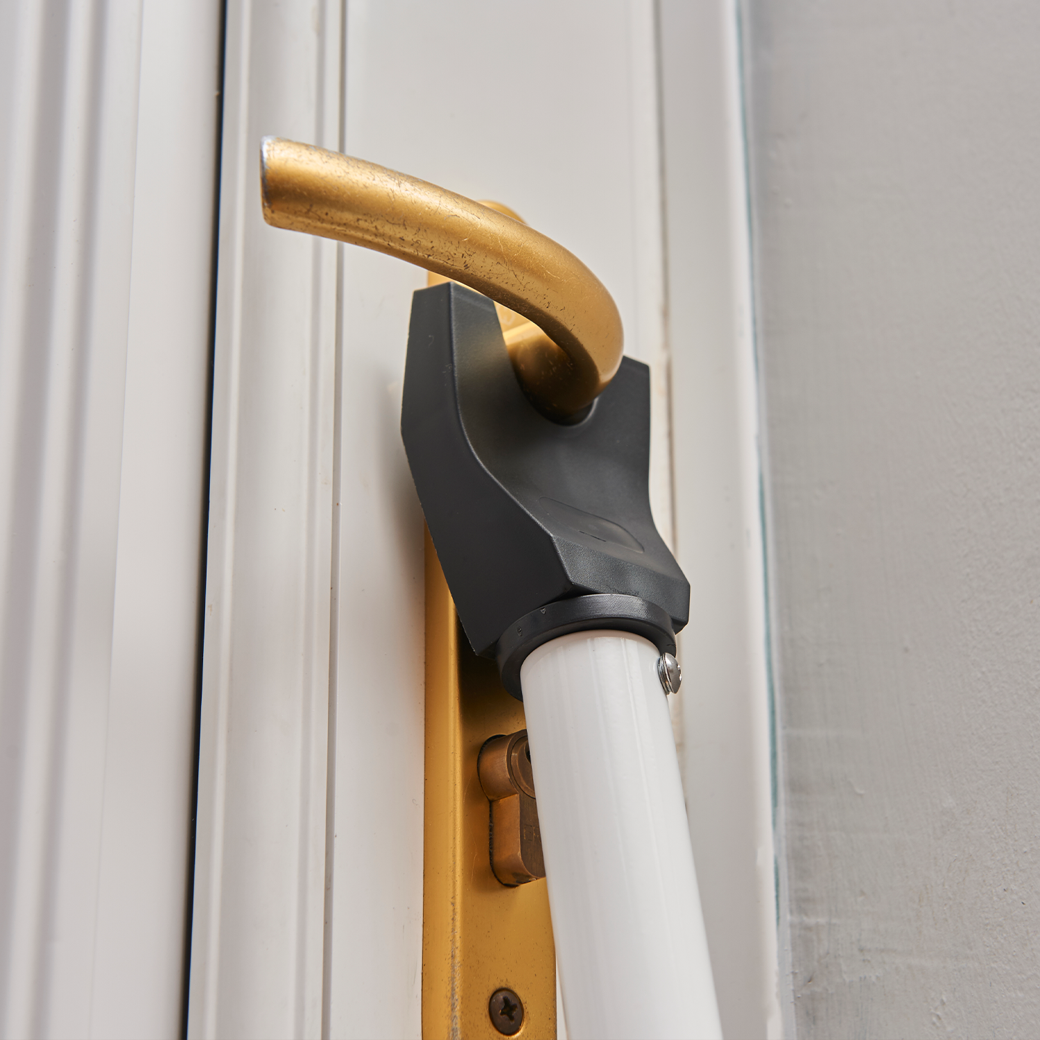 The Defender Door Brace is an adjustable security door bar that prevents forced entry