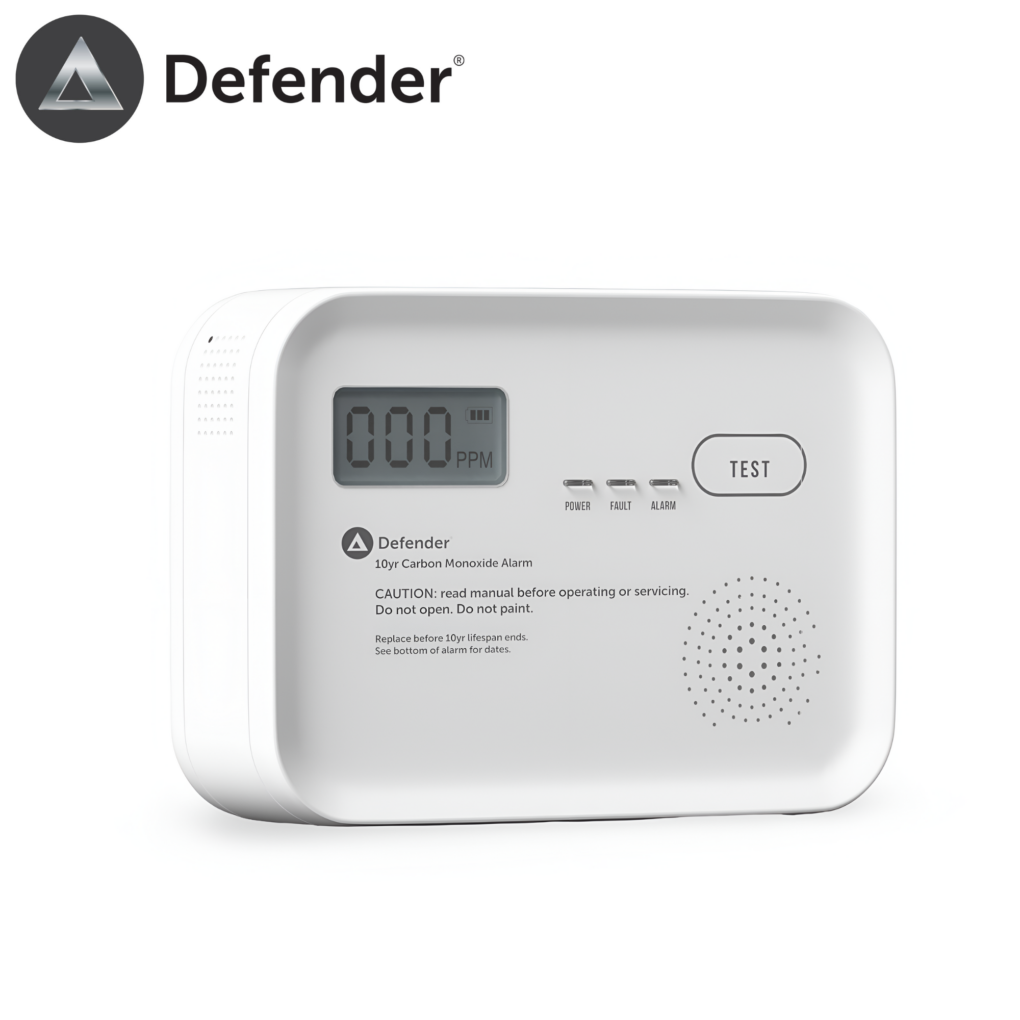 defender 10yr carbon monoxide alarm battery powered free standing wall mounted