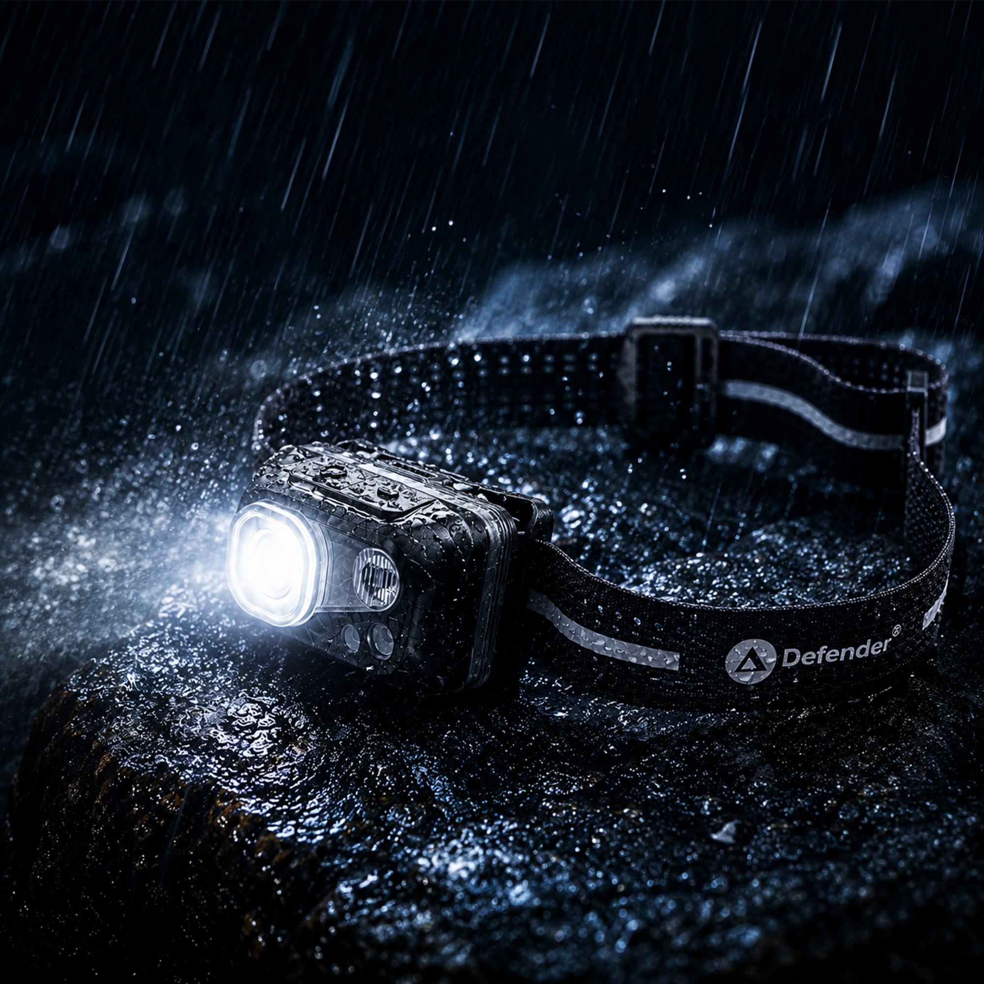Lightweight Defender Lumos head torch with spotlight and floodlight